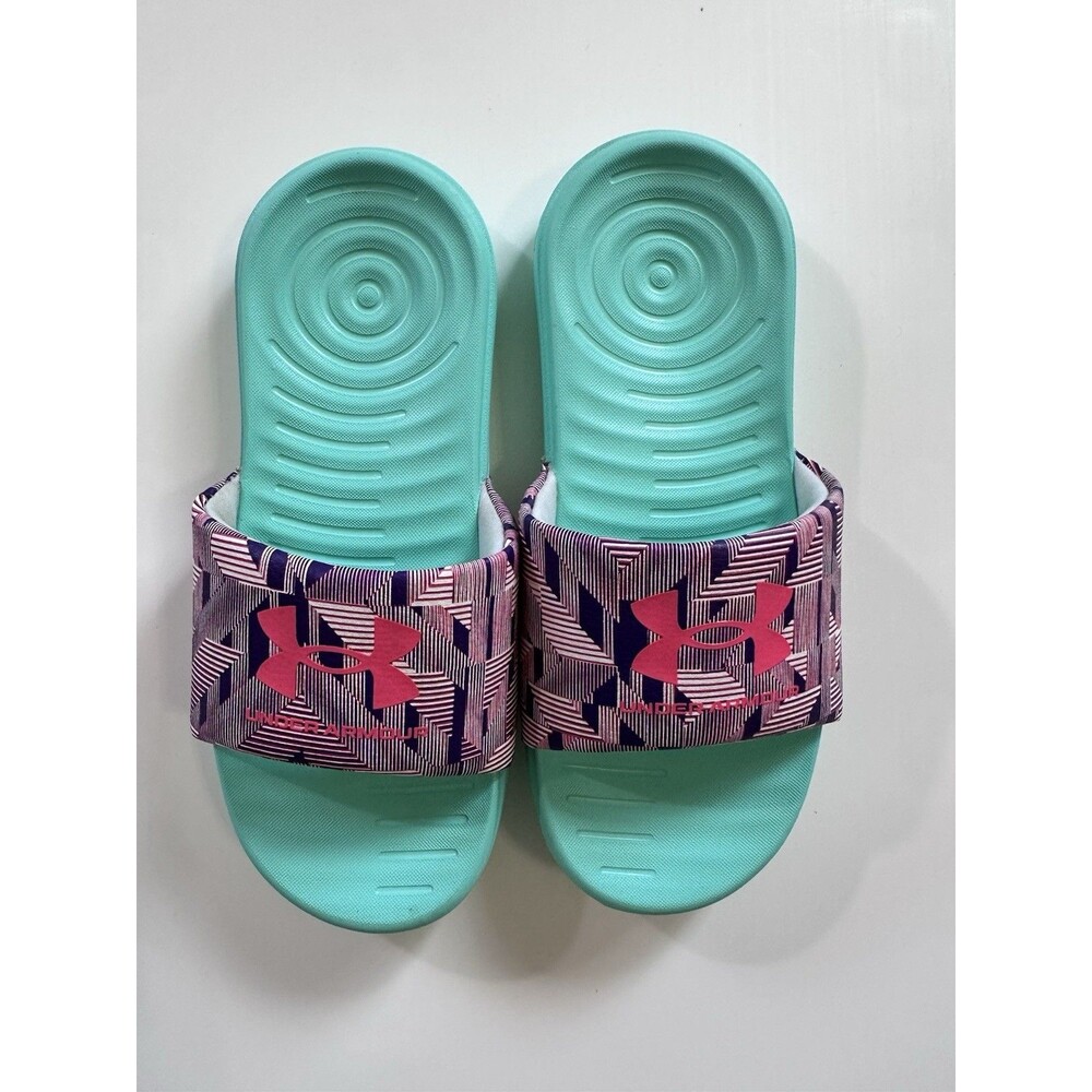 Under Armour Girls Slides Sandals Youth 2 Teal Pink Logo Comfort Pool - Picture 2 of 6